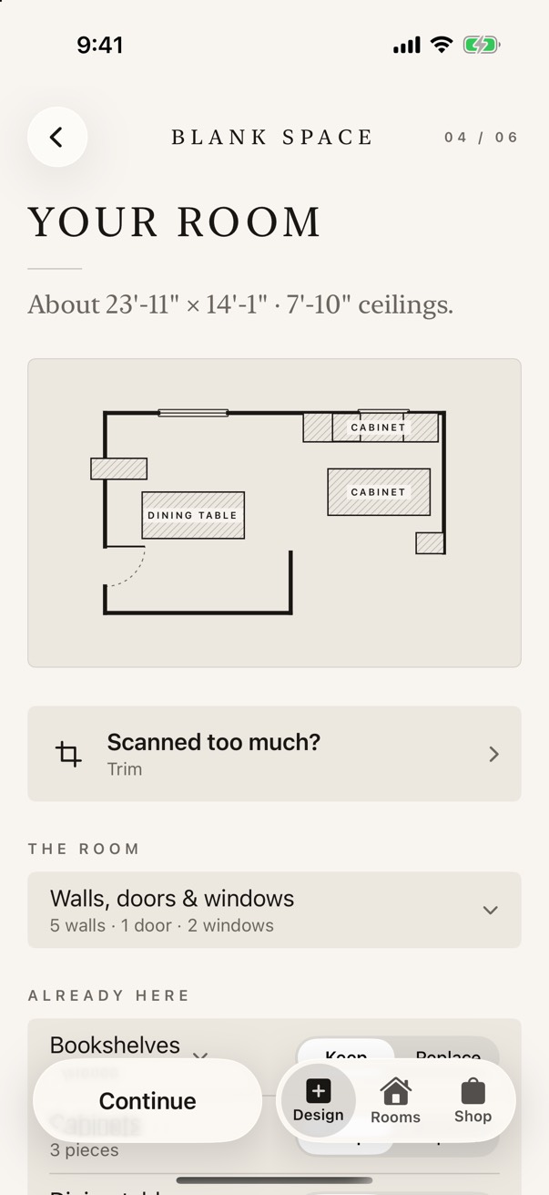 Measuring: a scanned room with its walls, doors and windows